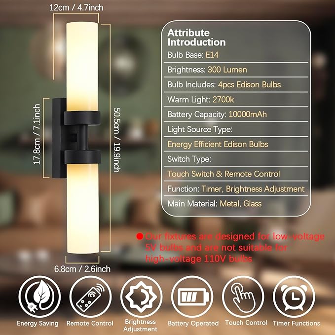 Rechargeable Wall Sconces Set of Two with Remote, Black Battery Operated Wall Sconce with Milky Glass, Sconces Wall Decor Set of 2 Wall Light Fixtures for Bedroom Bathroom Mirror Living Room - Bloomnest