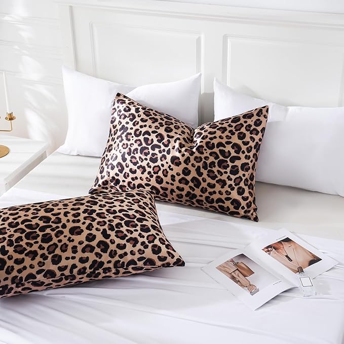 MR&HM Satin Pillowcase for Hair and Skin, Silk Satin Pillowcase 2 Pack, King Size Pillow Cases Set of 2, Silky Pillow Cover with Envelope Closure (20x40, Brown Leopard) - Bloomnest