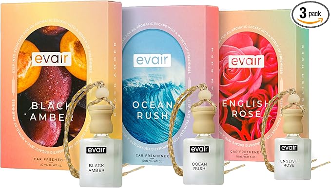 Evair Combo Pack of Car Air Freshener with Essential Oils Fragrances Black Amber, Ocean Rush & English Rose in Glass Bottle with Wooden Diffuser Lid | Each 10 ml- Pack of 3 Evair