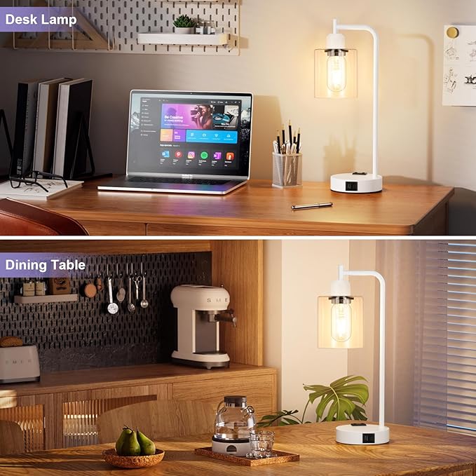 Innqoo Industrial White Table Lamps for Bedrooms Set of 2-3-Way Dimmable Desk Lamp with USB C+A Ports and Outlet, White Lamps with Clear Glass Shade for Living Room - Bloomnest