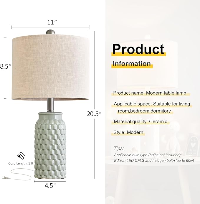 20.5 inches Modern Ceramic Green Bedside Lamp Set of 2 for Bedroom Decor Farmhouse Table Lamp for Living Room Office Dorm - Bloomnest