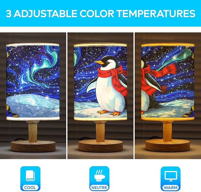 Penguin Table Lamp LED 3-Color Pressed Bedside for Merry Christmas, Penguin Shade Christmas Table Lamp with Wood Base for Bedroom Living Room Desk Office - Bloomnest