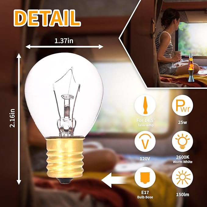 6 Pack Lava Lamp Bulbs 25 Watt 120V S11 Replacement Light Bulb E17 Standard Base for Glitter Lamps - Bloomnest