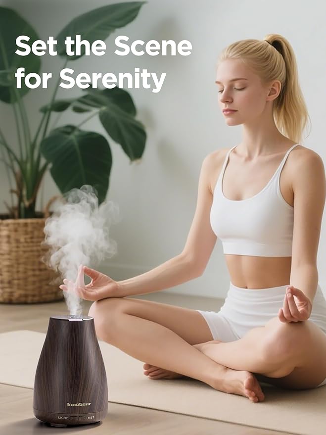 InnoGear Essential Oil Diffuser, Ultrasonic Diffusers for Home Aromatherapy Humidifier for Bedroom Room 7 Colors LED 2 Mist Mode Auto Off, Brown - Bloomnest