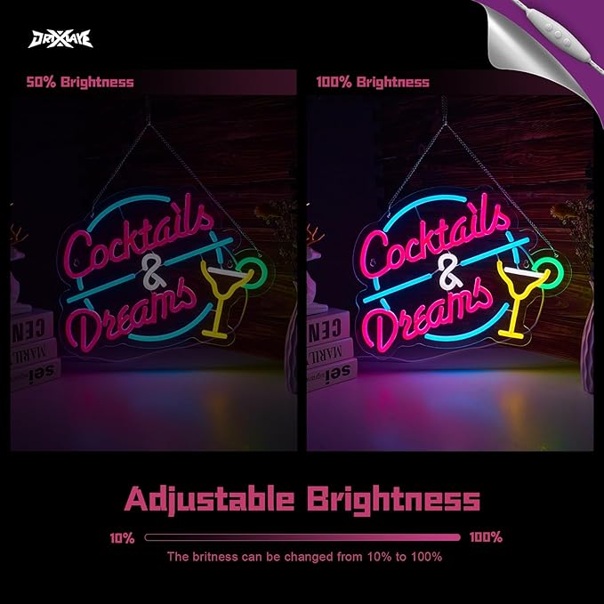 Cocktails and Dreams Neon Sign for Wall Decor Beer Bar Neon Light Smart plug timer compatible USB-Powered Perfect for Home Bars, Pubs & Restaurants (15.4x12.6 Inches) - Bloomnest
