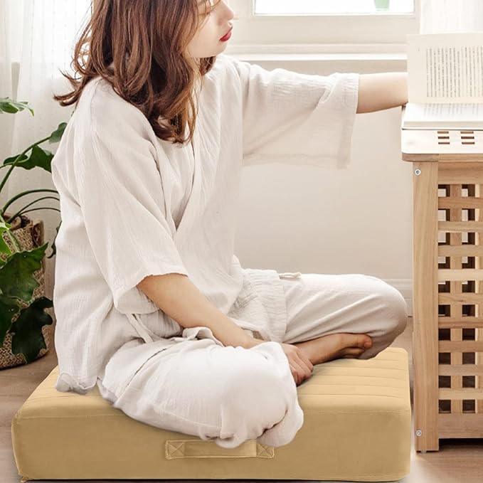 MeMoreCool Square Floor Pillow Seating for Adults Kids, Large Meditation Cushion Floor Pillow with Thick Foam & Soft Tufted Cover, Washable Big Pillow Seat Floor Cushion for Sitting Yoga 22" Khaki