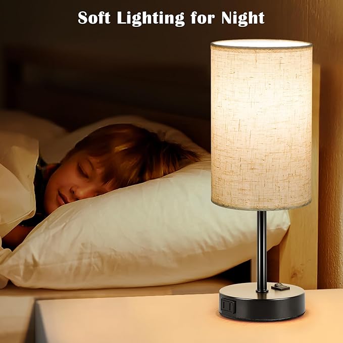 ZJOJO Table Lamp for Bedroom Set of 2, Bedside Small Lamps with 3 Way Dimmable Rocker Switch and AC Outlet, Nightstand Desk Lamp with Flaxen Fabric Shade Black Base for Living Room Home Decor Lights - Bloomnest
