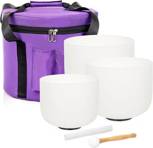Set of 3 Singing Bowls 432HZ 8-12 inch 8"G 10"E 12"C Frosted Chakra Quartz Crystal Sound Healing Bowls with 1 Travel Carry Case Bag 1 Mallet Suede 1 Striker 3 O-rings