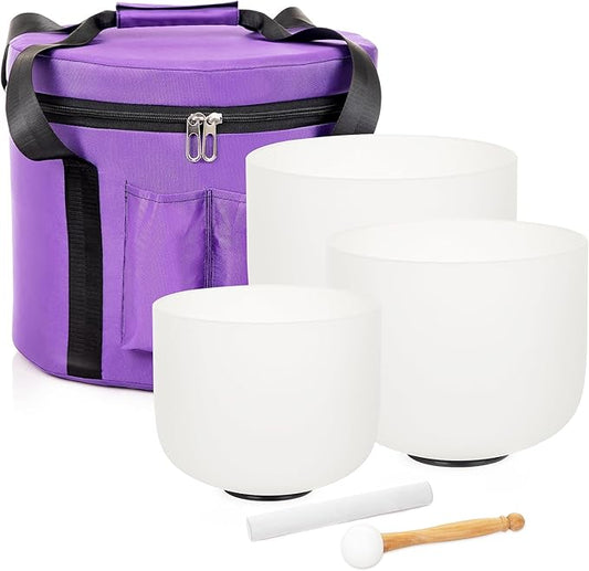 Set of 3 Singing Bowls 432HZ 8-12 inch 8"G 10"E 12"C Frosted Chakra Quartz Crystal Sound Healing Bowls with 1 Travel Carry Case Bag 1 Mallet Suede 1 Striker 3 O-rings - Bloomnest