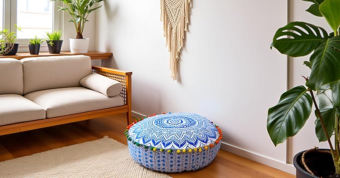 INDIAN CRAFT CASTLE ICC Mandala Barmeri Large Floor Pillow Cover Cushion Meditation Seating Ottoman Throw Cover Hippie Decorative Zipped Bohemian Pouf Ottoman Cases Blue Ombre 24" Round - Bloomnest