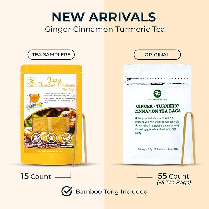 Ginger Cinnamon Turmeric Tea Bags with Bamboo Tong - 55 Count (+5 Count), 5.47 oz, Re-Steep Corn Based Tea Bags, No Sugar Added, Natural Herbal Tea for Body Warm, Relax, Refreshing - Bloomnest
