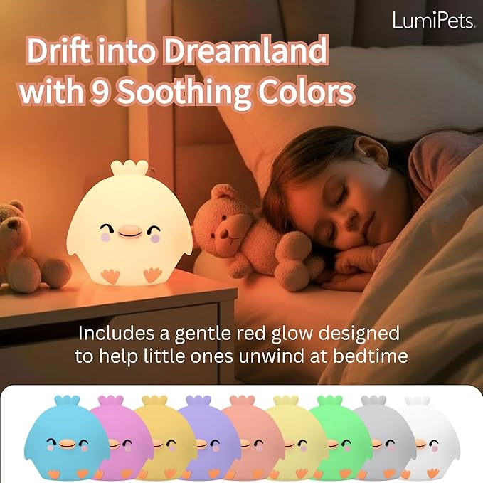 Lumipets Clara The Chick Squishy Silicone Night Light for Kids | Cute Night Light with Remote & Touch Control for Baby & Toddler Bedrooms | Color Changing Portable Animal Nightlight | Soft Mood Lamp - Bloomnest