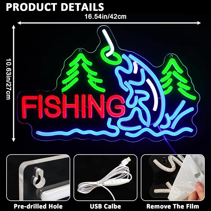 Fishing Neon Sign for Wall Decor, Fish Led Signs for Room, USB Dimmable Neon Lights for Fishing Gear Store Man Cave Bedroom Living Room Game Room Man Cave Party Business Yacht Sign - Bloomnest