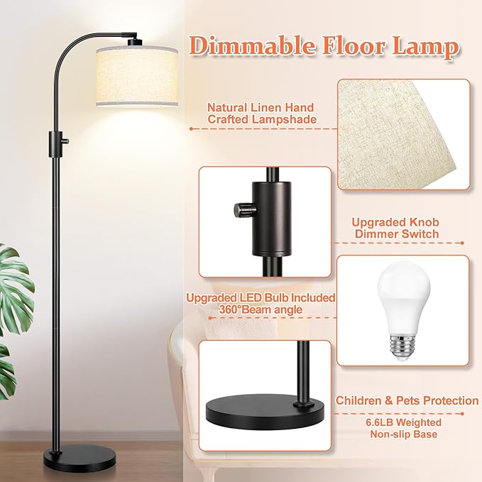 [Upgraded] Dimmable Black Floor Lamp, 1200 Lumens LED Edison Bulb Included, Arc Floor Lamp for Living Room Modern Standing Tall Floor Lamps with Linen Shade for Bedroom Office Reading Room Nursery - Bloomnest