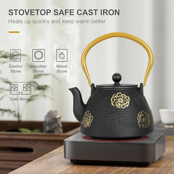 Ufine Cast Iron Teapot with Infuser for Loose Leaf Tea Japanese Style Tea Kettle for Stove Top, Enameled Interior Sakura Design (Black,40oz/1200ml) - Bloomnest
