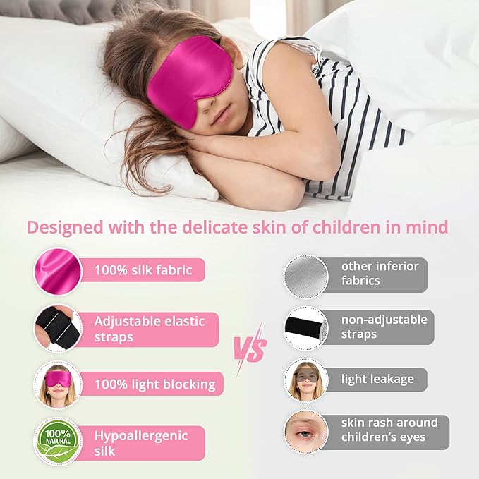 Kids Sleep Mask Eye Cover, 100% Real Natural Pure Silk Eye Mask with Adjustable Strap, Blindfold Kids Eye Mask for Sleeping, Eye Shade for Boys Girls and Adult, Pressure-Free Comfort (Rose red) - Bloomnest