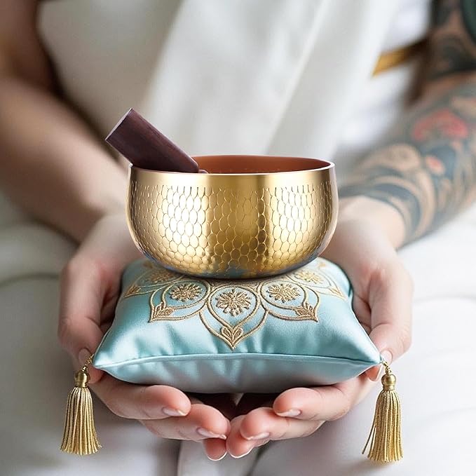 Tibetan Singing Bowl Set — Meditation Sound Bowl Handcrafted in Nepal, Long Lasting Sound for Deep Calming Relaxation, Meditation, and Sound Bowl Healing | Includes Mallet & Cushion(5") (4") - Bloomnest