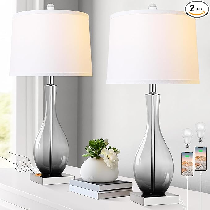 Table Lamps Set of 2 with Touch Control, 3-Way Dimmable Modern Glass table lamp for Living Room with USB C and A Charging Ports， 27" Bedside Desk Lamps for Nightstand Decorations(LED Bulbs Included) - Bloomnest