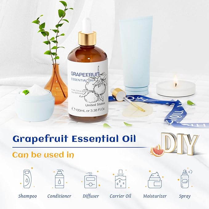 HIQILI 100 ml Grapefruit Essential Oil, for Diffuser, Skin Care, 100% Pure and Natural - 3.38 Fl Oz - Bloomnest