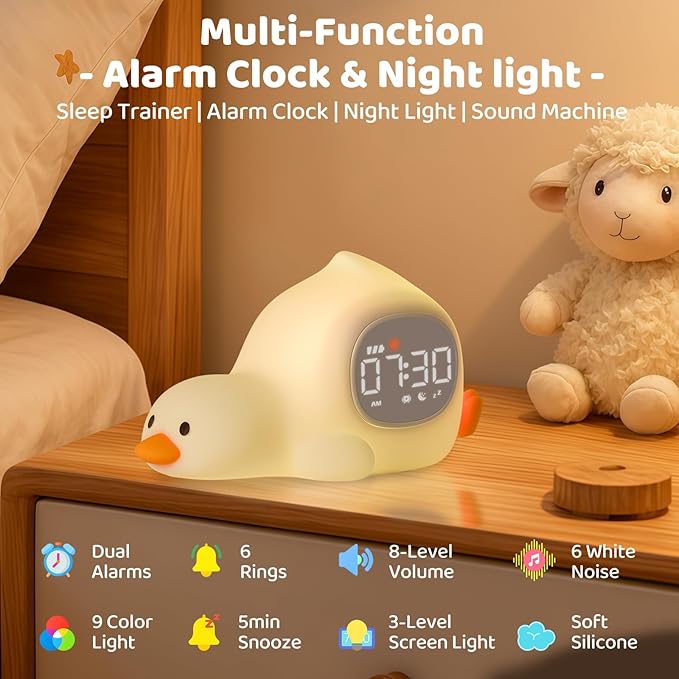 Laying Duck Alarm Clock with Night Light for Kids with Sleep Training and Sound Machine, Rechargeable Silicone Lamp OK to Wake Clock，Cute Animal Tabletop Lamp, Perfect Sleep Companion for Boys Girls - Bloomnest