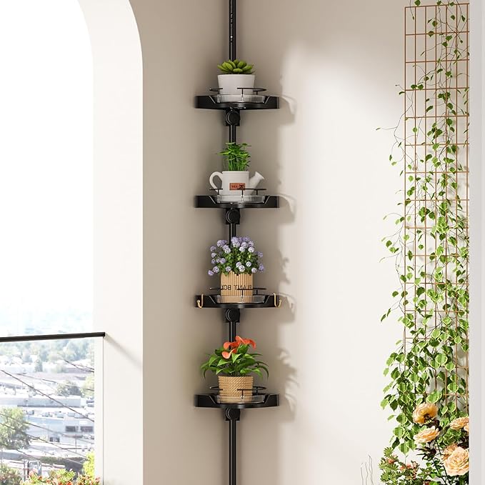 360° Rotating Corner Shower Caddy Tension Pole Organizer - 4-Tier Adjustable Rustproof Metal Pole, Plastic Shelves with Safety Guardrail, Bathroom Storage for Shower & Bathtub(Black) - Bloomnest