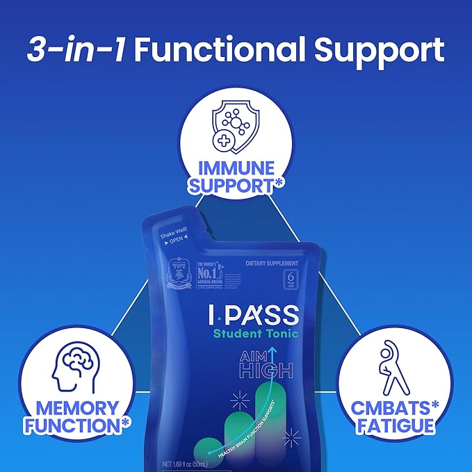 JungKwanJang iPass Student Tonic - Adaptogen Energy Drink Supplement with Korean Red Ginseng, Jujube, Astragalus & Angelica - Daily Support for School and Activities (30 Pouches, 1.69 fl oz) - Bloomnest