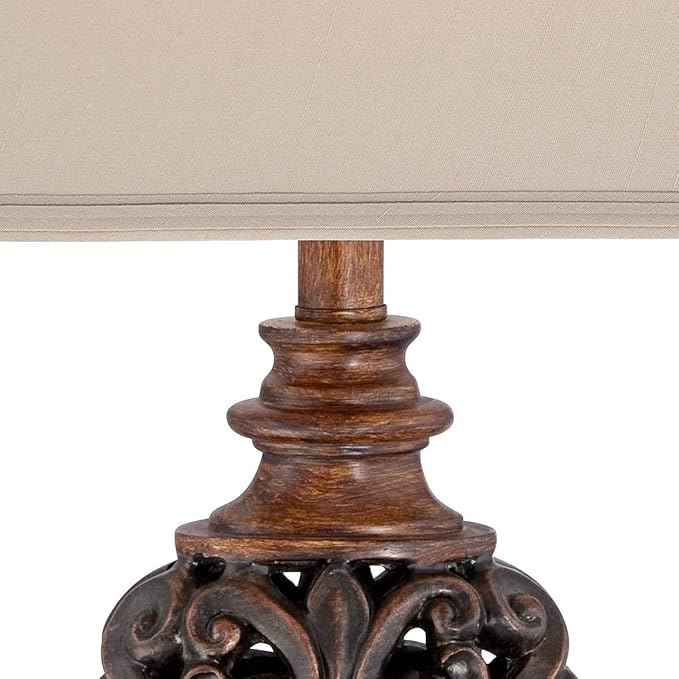 Regency Hill Exeter Traditional Style Table Lamps 30" Tall Full Size Set of 2 Bronze Wood Carved Leaf Creme Rectangular Bell Shade Decor for Living Room Bedroom House Bedside Nightstand Office - Bloomnest