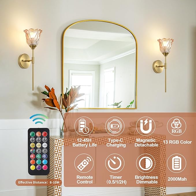 2 Pack Battery Operated Wall Sconce with Amber Glass Lampshade, Mid Century Bathroom Vanity, Wireless Rechargeable RGB Wall Light with Remote Control, for Bedroom Mirror Living Room - Bloomnest