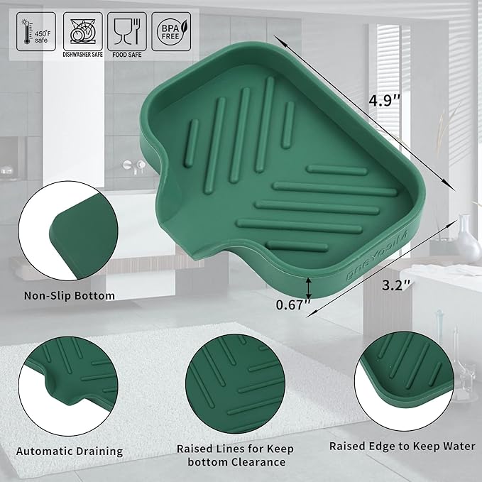 Silicone Bathroom Soap Dishes with Drain Spout-Bathroom and Kitchen Sink Organizer,Sponge Holder,Dish Soap Tray,Perfect for Dispenser,Scrubber,Bottle,Cup on Sink or Counter-Green 4.9"×3.2" - Bloomnest