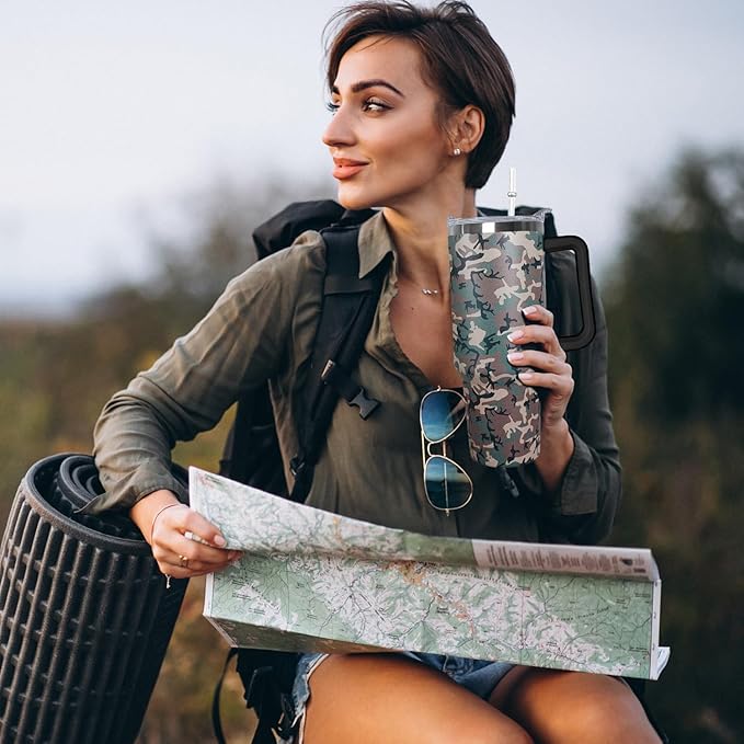 Ceovfoi 40 oz Camo Tumbler with Handle Lid and Straw, Hunting Gifts for Men Women,Camo Tumbler Travel Coffee Cup Mug Water Botter - Bloomnest