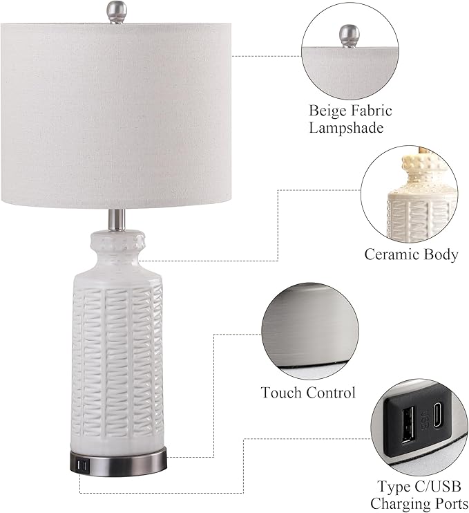 28" White Table Lamps Set of 2, Ceramic Lamps for Living Room with 2 USB Charding Ports, Modern Bedroom Lamps for Nightstand, 2 LED Bulbs Included - Bloomnest