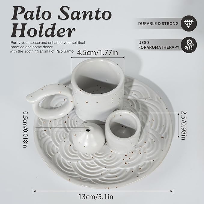 5-in-1 White Ceramic Palo Santo Burner & Holder - Small Candle and Smudge Tray for Incense Sticks & Cones, Sage, Zen Meditation Altar Accessory – Compatible with Matches for Aromatic Scents - Bloomnest