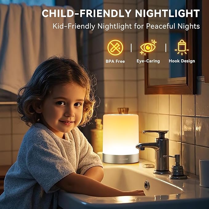Night Light for Kids Baby, Dimmable Touch Lamp for Nursery, 11 RGB Colors 5 Brightness, Portable Rechargeable Bedside Table Lamp for Nightstand, Kids Night Light for Bedroom Living Room, Silver - Bloomnest