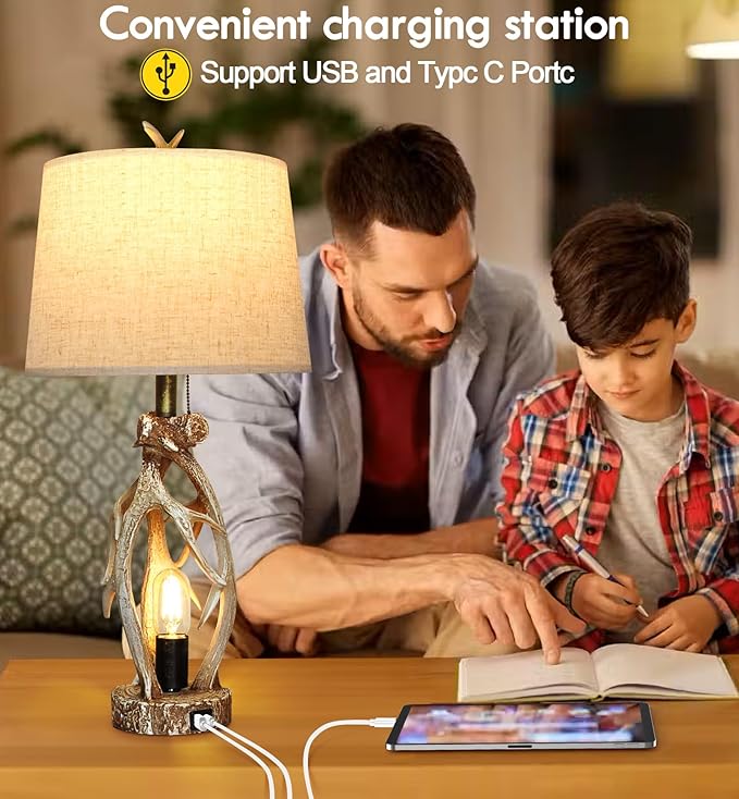 28" Touch Rustic Antler Table Lamps Set of 2 for Bedroom, 3 Way Dimmable Farmhouse Nightstand Lamps with USB + Type C Ports, Bedside Deer Lamp for Living Room End Table Cabin Decor (Included 4 Bulbs) - Bloomnest