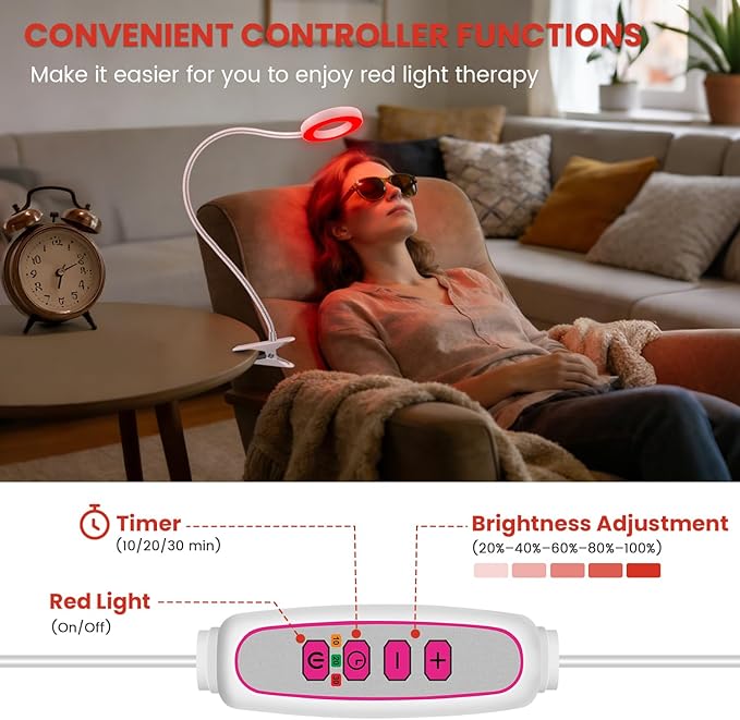 Red Light Therapy for Face and Body Use, 660nm Red and 850nm Near Infrared Red Light Therapy Lamp with Clip and Angle Adjustable, Small and Portable, Suitable for Home or Travel Use, White Aumtrly