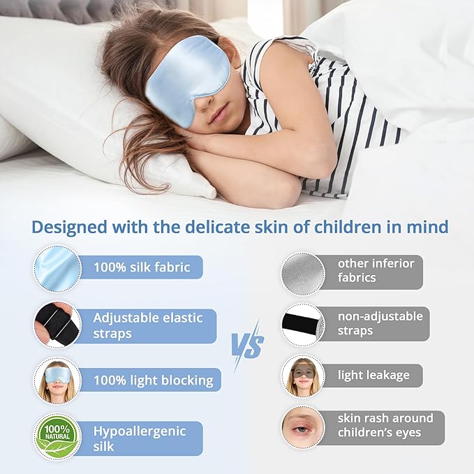 Kids Sleep Mask Eye Cover, 100% Real Natural Pure Silk Eye Mask with Adjustable Strap, Blindfold Kids Eye Mask for Sleeping, Eye Shade for Boys Girls and Adult, Pressure-Free Comfort (Blue) - Bloomnest