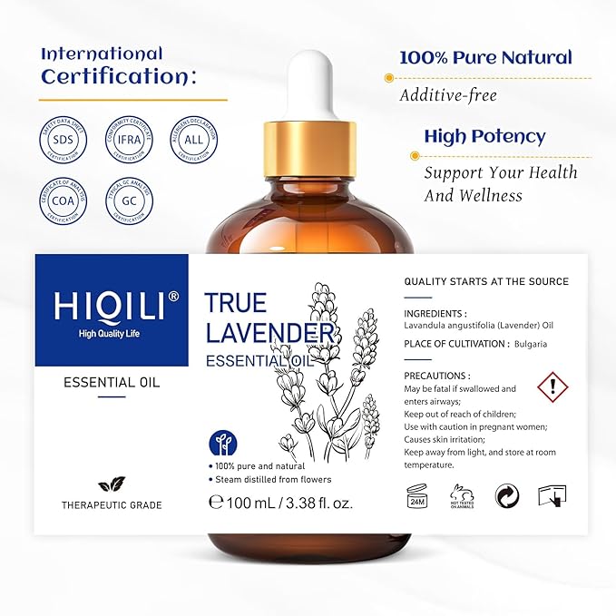HIQILI Lavender Essential Oil - 100% Pure Undiluted, for Aromatherapy Diffuser at Room & Office, Relax Mind and Better Sleep, Therapeutic Grade | 100ML with Glass Dropper - Bloomnest