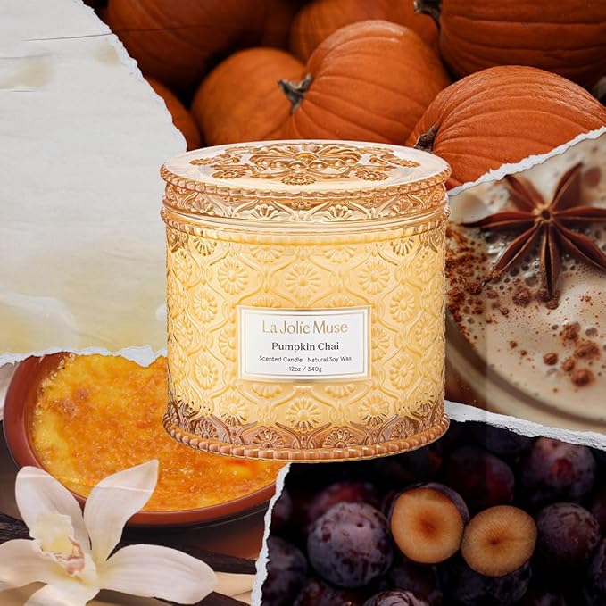 LA JOLIE MUSE Pumpkin Chai Candle | Spicy Chai & Vanilla | 12 oz Double Wick Soy Candle | 60 Hours Clean Burn | Elegant Home Décor & Hosting Gift - Bloomnest