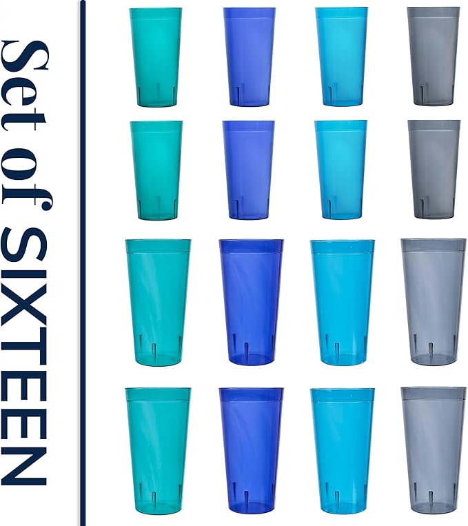 US Acrylic Cafe Plastic Reusable Tumblers (Set of 16) 20oz Water & 32oz Iced-Tea Cups Coastal Colors, Restaurant Style Drinking Glasses, Stackable, BPA-free, Made in the USA, Top-rack Dishwasher Safe - Bloomnest