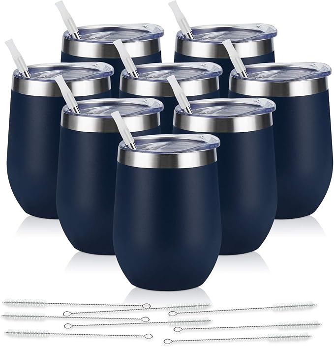 8 Pack 12Oz Stainless Steel Wine Tumblers, Insulated Wine Tumbler, Double Wall Insulated Wine Glass, Stainless Steel Stemless Wine Cups with Lids for Coffee, Wine, Cocktails, Champaign, Navy Blue… - Bloomnest