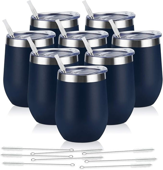 8 Pack 12Oz Stainless Steel Wine Tumblers, Insulated Wine Tumbler, Double Wall Insulated Wine Glass, Stainless Steel Stemless Wine Cups with Lids for Coffee, Wine, Cocktails, Champaign, Navy Blue… - Bloomnest