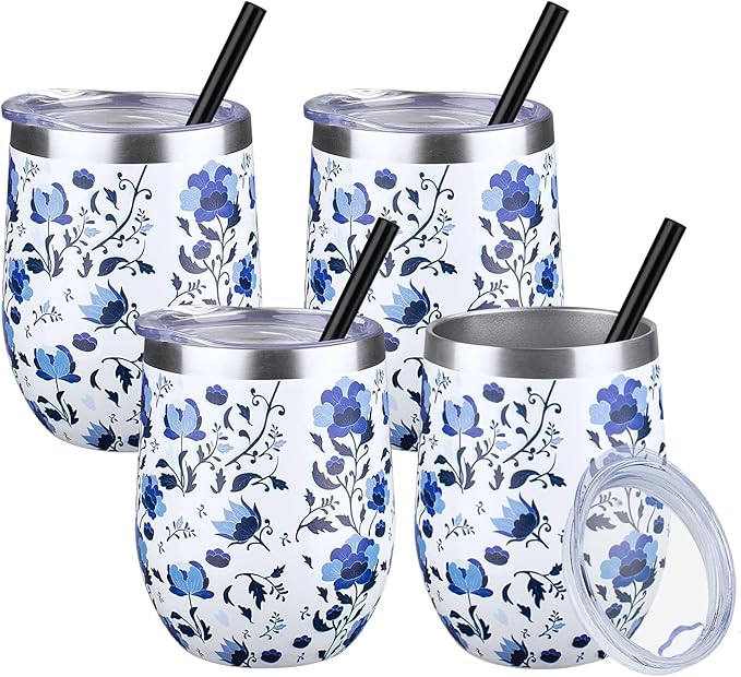 12 oz Insulated Wine Tumbler with Lid and Straw,Stainless Steel Stemless Wine Tumbler Glasses Double Wall Vacuum Wine Cups Tumbler Bulk for Coffee,Cocktail,Office (Blue and White Porcelain,4) - Bloomnest