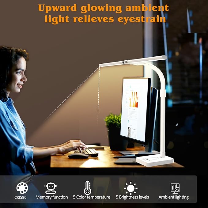 Led Desk Lamp for Home Office,24W Bright Eye-Caring Desk Light with Base,5 Brightness and 5 temperatures Dimmable Workbench Task Light, Adjustable Gooseneck Table Lamp for Monitor(White) - Bloomnest