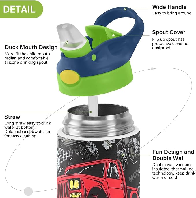 Monster Truck Red Kids Water Bottle with Straw Lid Insulated Tumbler with Handle Stainless Steel Reusable Toddlers Cup for Kids Boys 12 oz - Bloomnest
