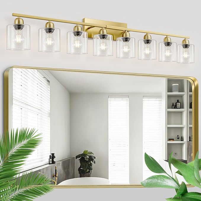 Modern Brushed Gold 8 Light Bathroom Light Fixtures, 52 inch Vanity Lights for Bathroom with Clear Glass for Mirror Kitchen Living Room Hallway Cabinet Porch - Bloomnest