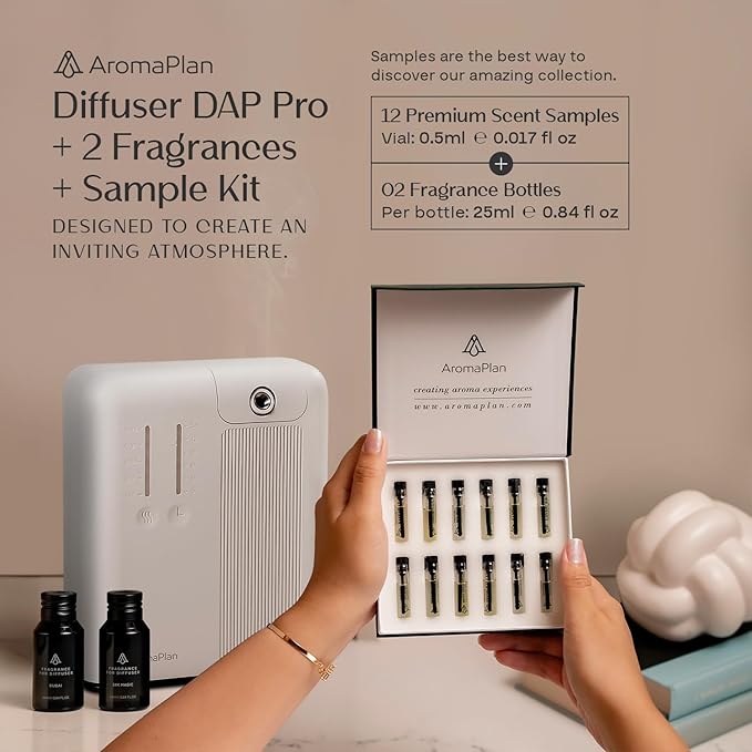 AromaPlan 5 Star Collection Cold Air Scent Diffuser, Whole House (Includes 2 Fragrances & 12 Set Sample kit) - Smart Scent Diffuser, HVAC System- Touch & App, 2000 Sq. Ft Cov.(White) - Bloomnest