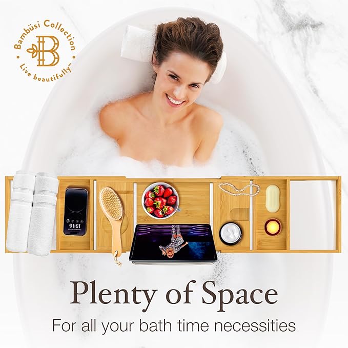 Wooden Bathtub Tray - Foldable Expandable Bamboo Bath Tray for Tub with Wine Holder, Book & Tablet Stand - Bath Caddy for Bathtub, Spa Bath Accessories for Women, Tub Tray Table, Gift for Her or Him - Bloomnest