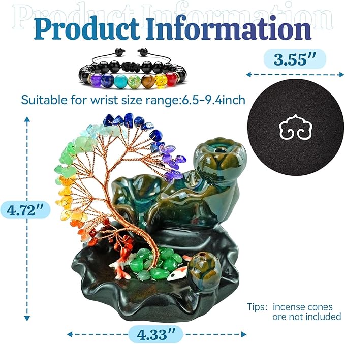 Backflow Incense Burner Ceramic Incense Waterfall Backflow Incense Holder 7 Chakras Gemstone Money Tree Crystal Tree Namaste Chakra Bracelet Cushion FengShui (Green) - Bloomnest