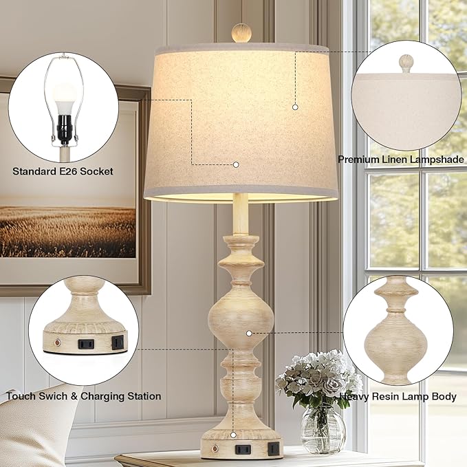28" Farmhouse Table Lamps Set of 2, Rustic Lamp for Living Room with USB C+A Ports & AC Outlet, 3 Way Touch Control Resin Bedside Lamps, Retro Bedroom Lamp for Nightstand Side End Table Desk, Beige - Bloomnest