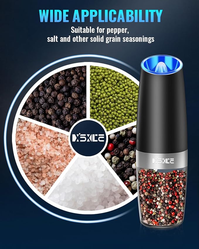XinXu Gravity Electric Pepper and Salt Grinder Set, Adjustable Coarseness, Battery Powered with LED Light, One Hand Automatic Operation, Black -2 Pack - Bloomnest